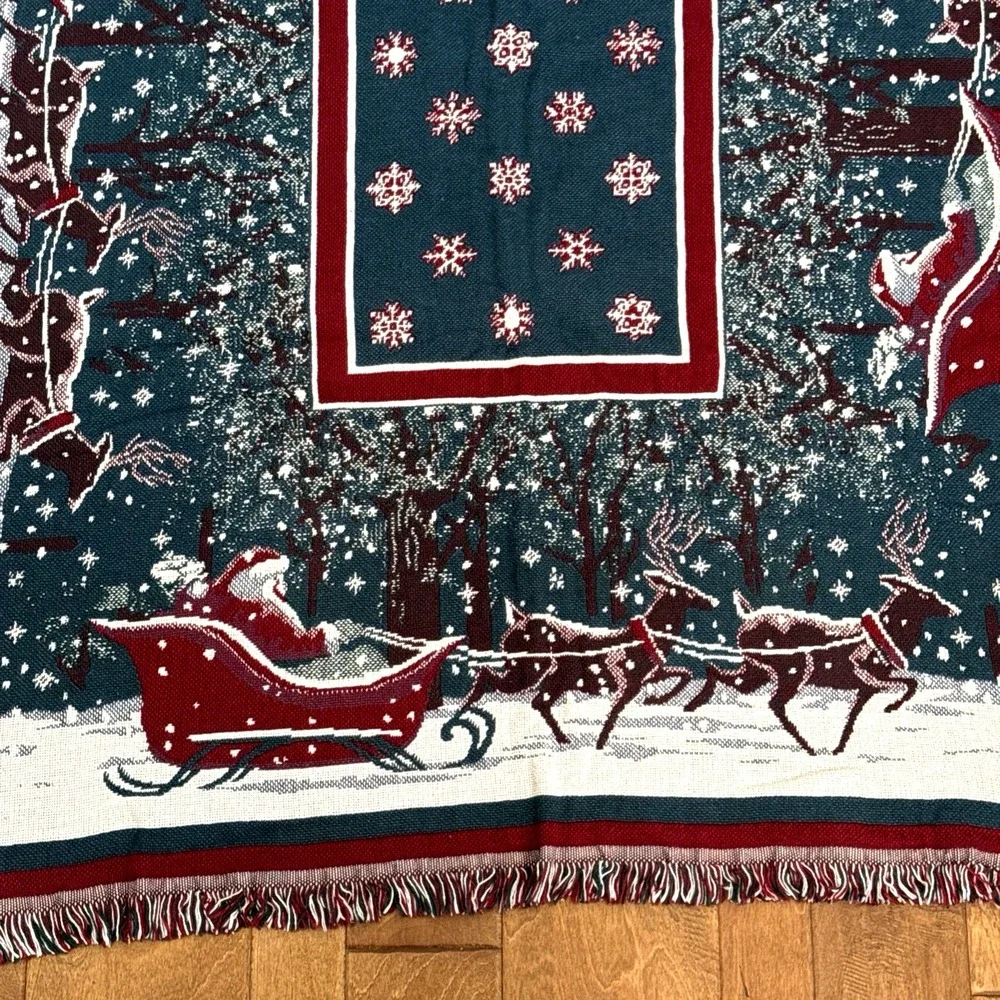 Vintage‎ Christmas Tapestry Throw Blanket Santa Goodwin Weavers 100% Cotton USA